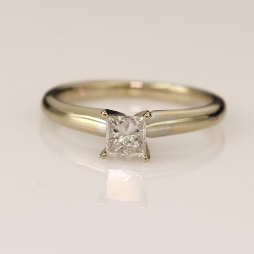 182 - White gold (tests 14ct) diamond solitaire ring, princess cut approx 0.39ct, estimated colour approx ... 