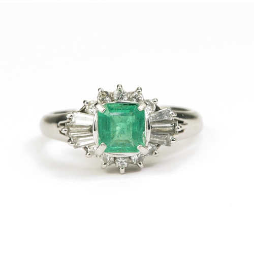 184 - Platinum (tests 850) emerald and diamond dress ring, emerald-cut emerald approx 0.68ct, surrounded b... 