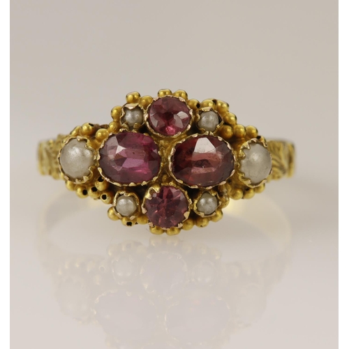 185 - Yellow gold (tests 9ct) pink tourmaline and pearl cluster dress ring, two oval and two round mixed c... 