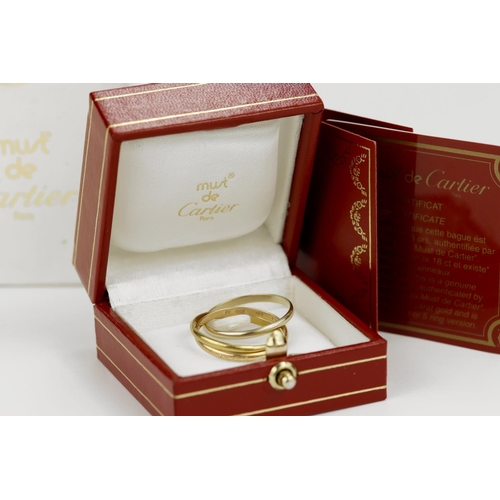 198 - 18ct Cartier 'Trinity' ring, classic 'Russian' wedding ring made up of yellow, white and rose gold 2... 