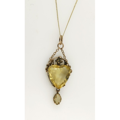 374 - Yellow gold (tests 9ct) antique citrine heart pendant, set with one heart shaped citrine measuring 1... 