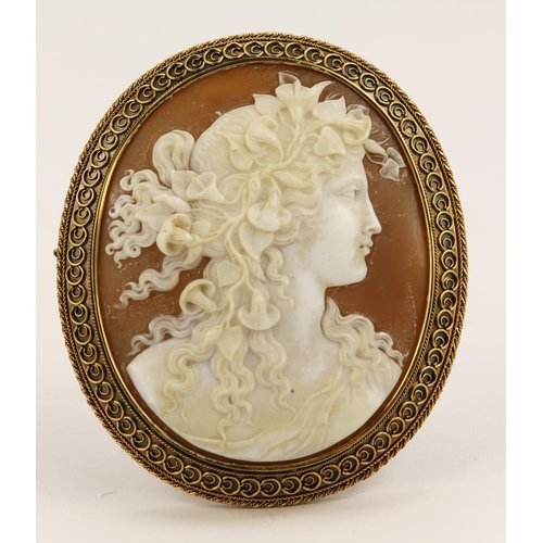 376 - Large Cameo brooch (approx 65mm x 56mm) with pendant mount. Surround tests as over 18ct. Total weigh... 