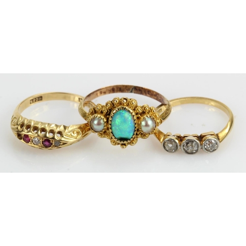 381 - Assortment of three 18ct gold /tests 18ct antique rings, stones include pearls, opal, diamonds and r... 