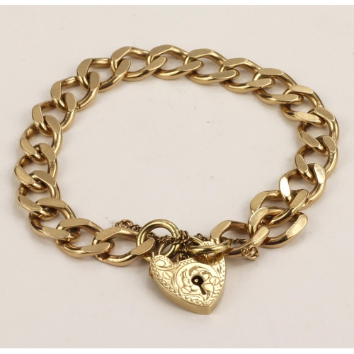 385 - 9ct yellow gold heart padlock bracelet with flat filed curb chain, width 9.2mm, length 7.5