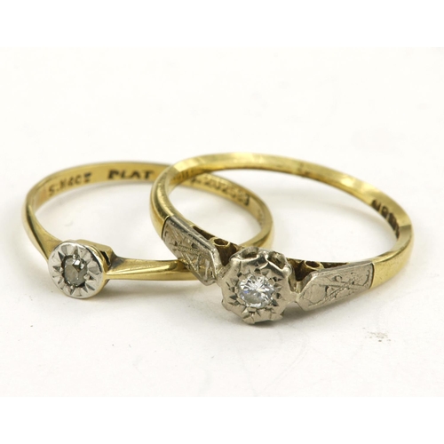 386 - Two 18ct gold/tests 18ct diamond soliatire rings, to include one approx 0.05ct round brilliant cut w... 