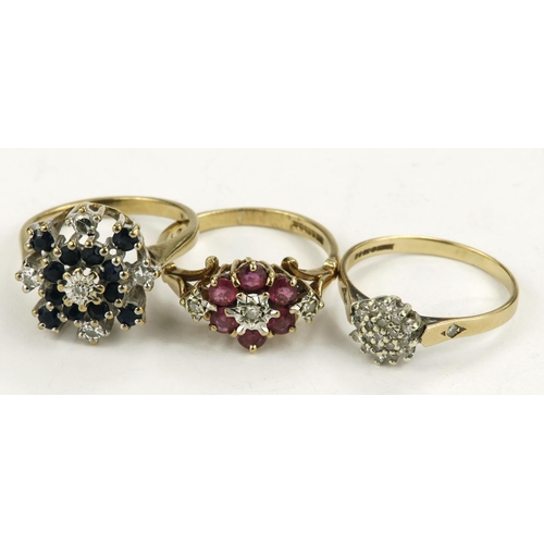 388 - Three 9ct yellow gold cluster rings to include one diamond set cluster, total diamond weight approx ... 