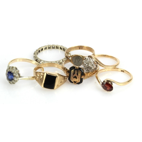 574 - Seven 9ct gold/tests 9ct rings, all with either stones missing or some damage, total weight 14.2g.