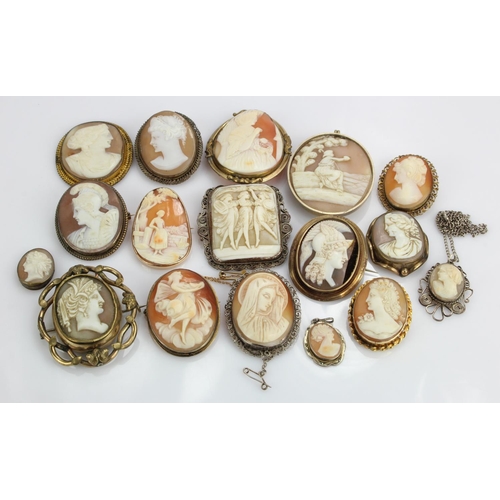 583 - Cameo brooches / pendants (17) various sizes includes a silver example by Toyes & Co.