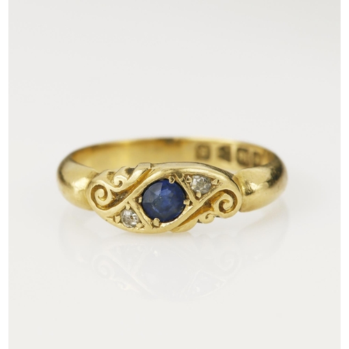 64 - 18ct yellow gold Victorian sapphire and diamond ring, one round mix cut sapphire measuring 3.5mm, fl... 