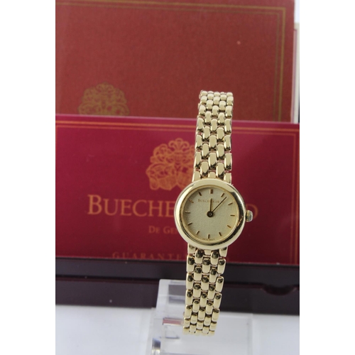 653 - Ladies 9ct cased Bueche Girod quartz wristwatch. On a 9ct integral bracelet, total weight 24.7g, pur... 