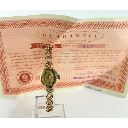 656 - Ladies 9ct cased Tudor Royal (Rolex) wristwatch, hallmarked Chester 1957 on a 9ct bracelet (total we... 