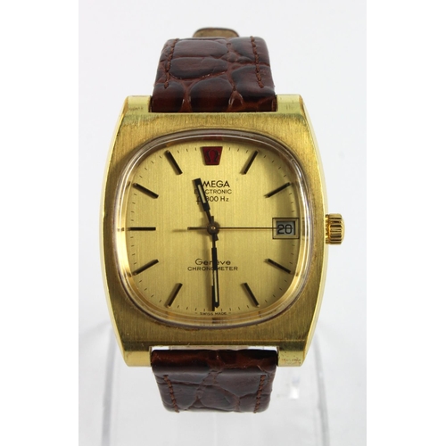 659 - Gents gold plated Omega Gen�ve Electronic Chronometer f300Hz wristwatch on an Omega Crocodile calf s... 