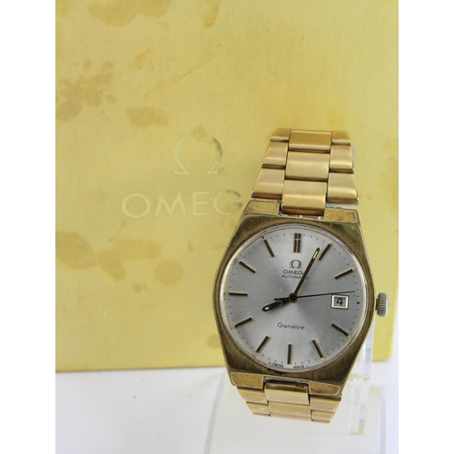 676 - Gents gold plated Omega automatic Geneve wristwatch, purchased 1974. The silver dial with gilt baton... 