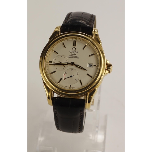 688 - Gents 18ct gold Omega De Ville chronometer automatic wristwatch. The cream dial with gilt baton mark... 