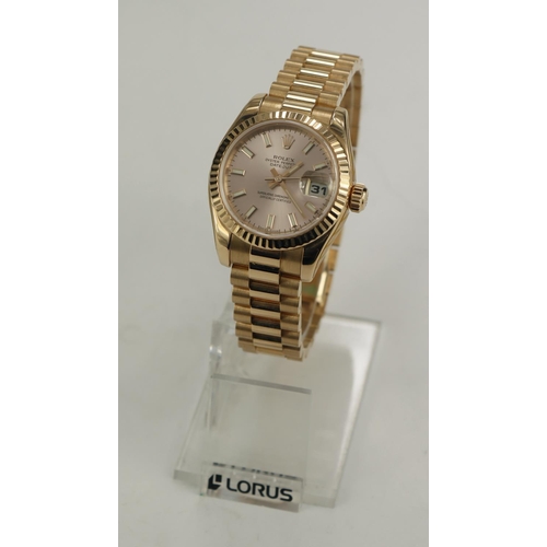 690 - Ladies 18ct rose gold cased Oyster Datejust wristwatch on an 18ct rose gold Rolex bracelet. Complete... 