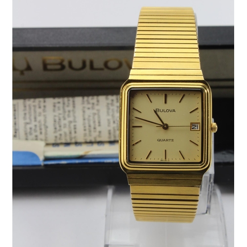 695 - Gents gold plated Bulova quartz wristwatch. The 28mm square cream dial with gilt baton markers and d... 