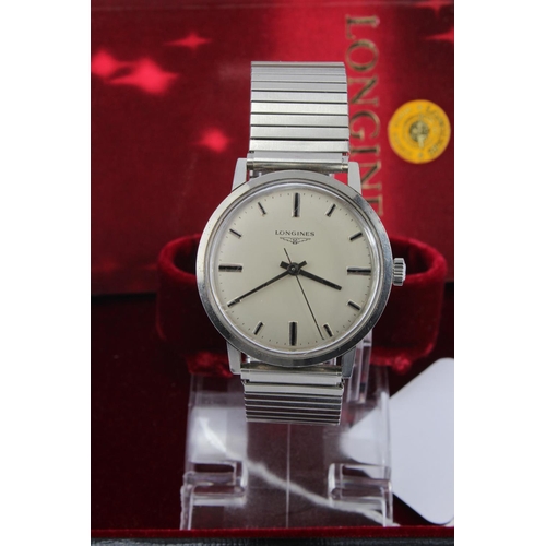 696 - Gents stainless steel cased Longines automatic wristwatch, purchased 5/8/1971. With original box, pa... 