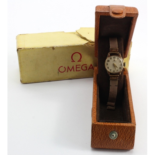 720 - Ladies 9ct cased Omega manual wind wristwatch on a 9ct bracelet. Circa 1954. Presentationally engrav... 