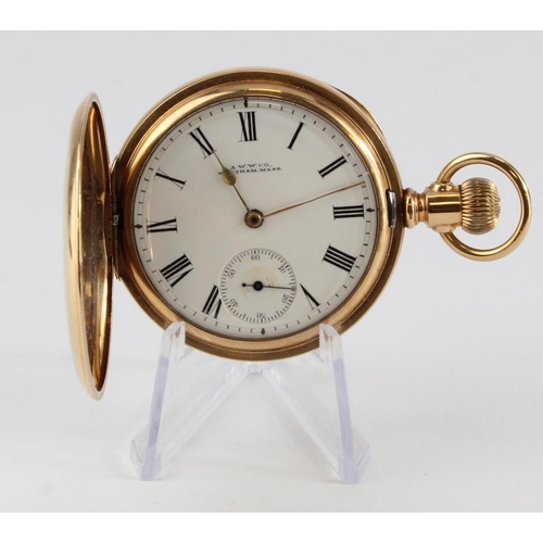 732 - Gold plated half hunter pocket watch, by A. W. W. Co., Waltham, Mass, with Roman numerals and subsid... 