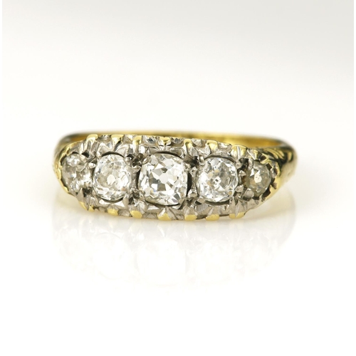 74 - Yellow gold (tests 18ct) diamond five stone ring, five graduating old cut cushion diamonds, principl... 