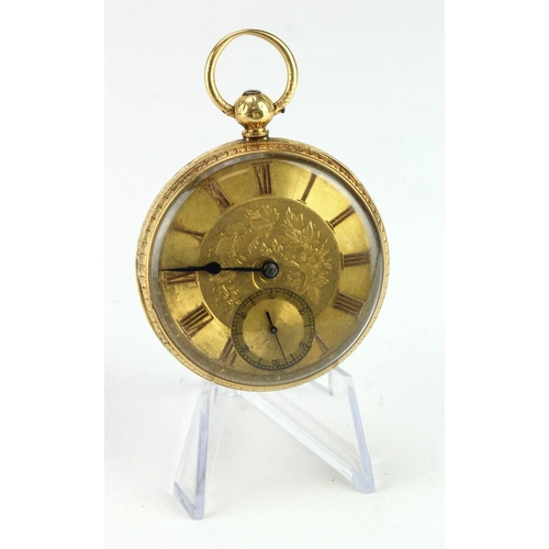 741 - Gents 18ct cased open face pocket watch. Hallmarked Chester (date letter worn). The gilt dial with g... 