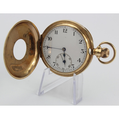 745 - Gents 9ct cased half-hunter pocket watch, hallmarked Chester 1931. The white dial with black arabic ... 