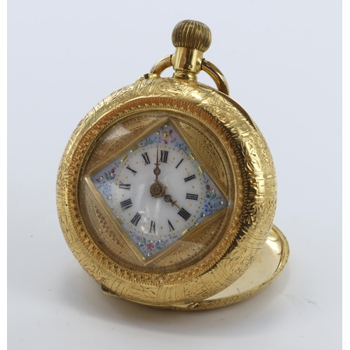 748 - Ladies 18ct Gold pocket watch, enamel dial with Roman numerals and floral decoration, diameter 36mm,... 