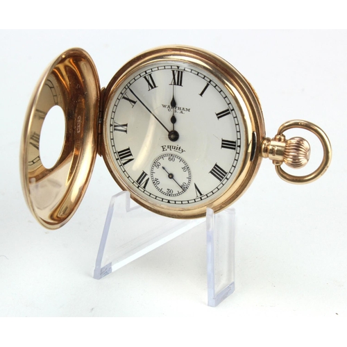 761 - Gents 9ct cased half-hunter Waltham Equity pocket watch, hallmarked Birmingham 1922. The white dial ... 