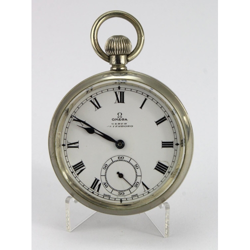 767 - Gents open face pocket watch by Omega. (serial number 8910043). The signed white dial with black rom... 