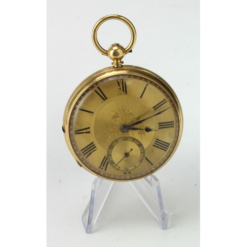 773 - Gents 18ct cased open face pocket watch, hallmarked Chester 1871. The gilt dial with black roman num... 