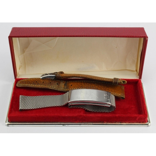 784 - Omega. Two Omega wristwatch straps, comprising a stainless steel example (1120/116, no. 27) & a brow... 