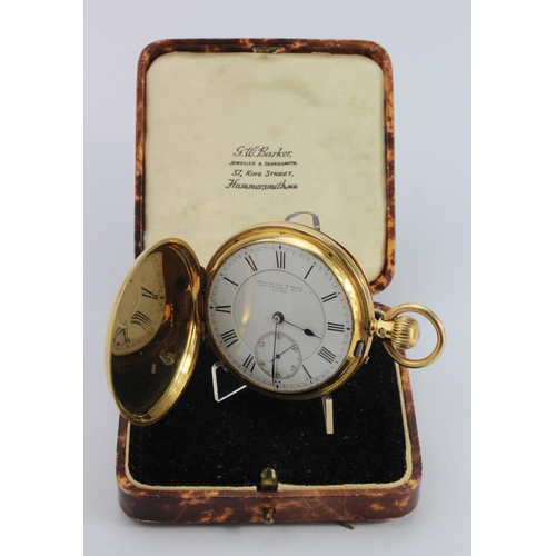 789 - Gents 18ct cased full hunter pocket watch by Shepheard & Reed. Hallmarked London 1882. The white dia... 