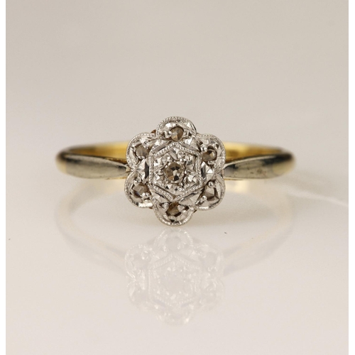 79 - Yellow gold (tests 18ct) diamond daisy cluster ring, set with seven single cut diamonds total weight... 