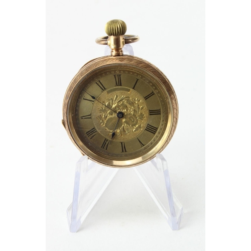 796 - Mid-size 14k open face pocket watch. The gilt dial with foliate engraved decoration and black roman ... 