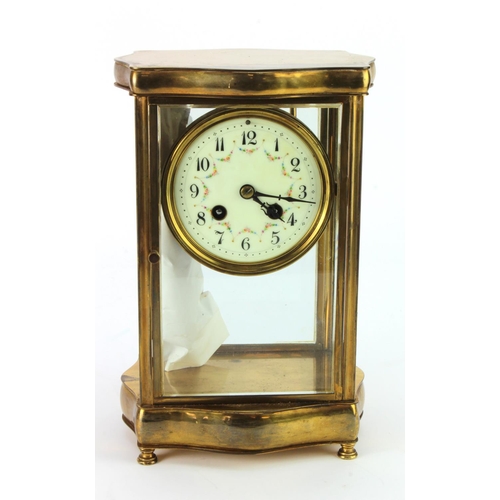 827 - French Four glass brass mantel clock, floral dial with Arabic numerals, mercury pendulum present, he... 