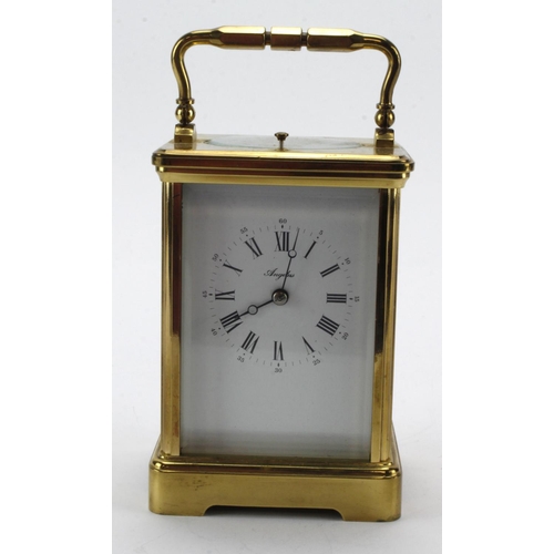 828 - Five glass gilt brass repeating carriage clock, stamped L'Epee, height 13.5cm approx. (partially wor... 