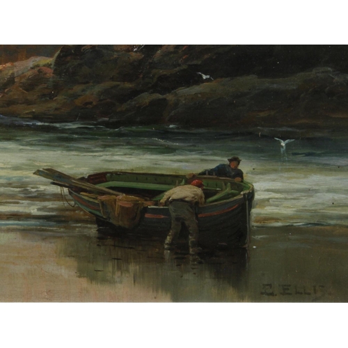 843 - Ellis, Edwin (British 1842-1895) Oil on canvas depicting fishermen pulling a boat to the shore. Meas... 