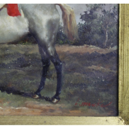 844 - Equestrian interest. Oil on panel depicting a 19th century gentleman on a grey mare. Signed lower ri... 