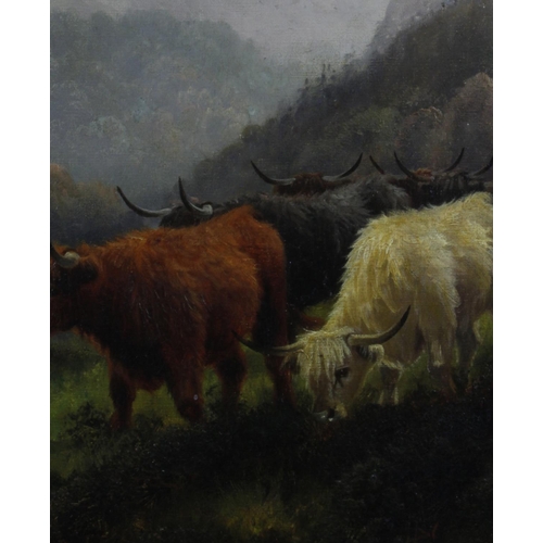 847 - Hall, Henry R (British 1859-1927) Oil on canvas. Title verso, 'Highland Cattle, in the pass of Leny'... 