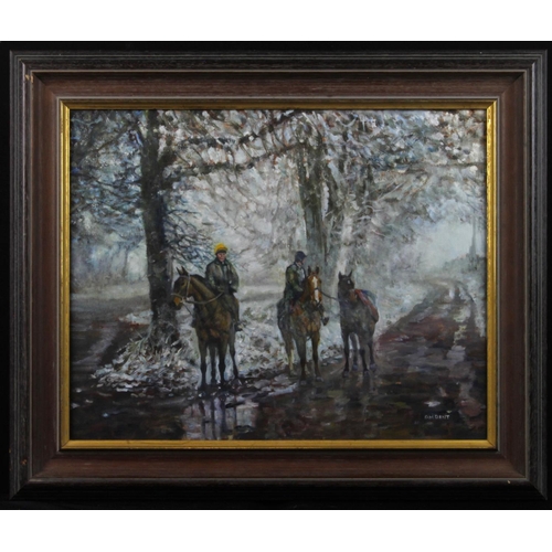 853 - Horses/sporting interest. David Dent (British b.1959) Oil on canvas of three horses excercising in t... 