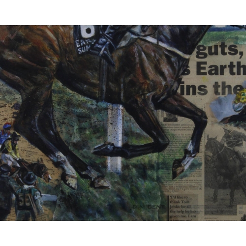 854 - Horses/sporting interest. David Dent (British b.1959) Oil/mixed media with newspaper cuttings of Ear... 