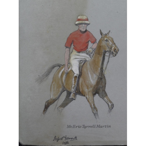 855 - Horses/sporting interest. Four pencil and gouache illustrations on buff board of polo players, Capta... 