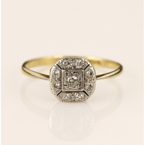 86 - Yellow gold (tests 18ct) Vintage diamond cluster ring, halo cluster highlighted with single cut diam... 