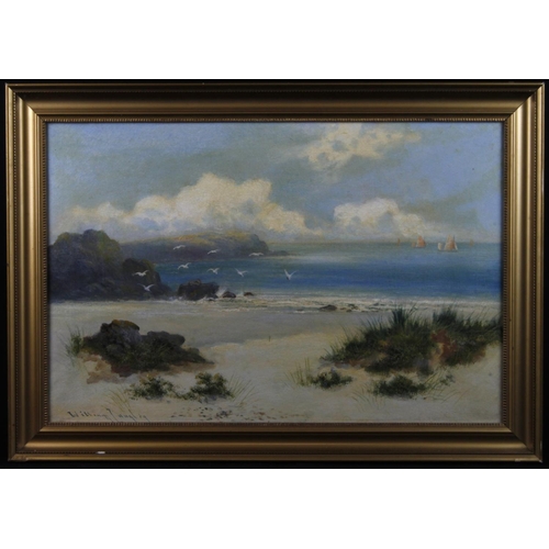 863 - Langley, William (British 1852-1922) Oil on canvas of a summer coastal scene from the dunes, with se... 