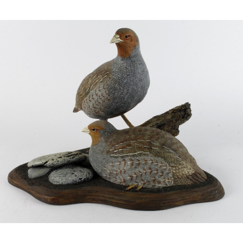 870 - Mike Wood. A carved wood sculpture by Mike wood, titled to base 'Grey Partridge', depicting a pair o... 