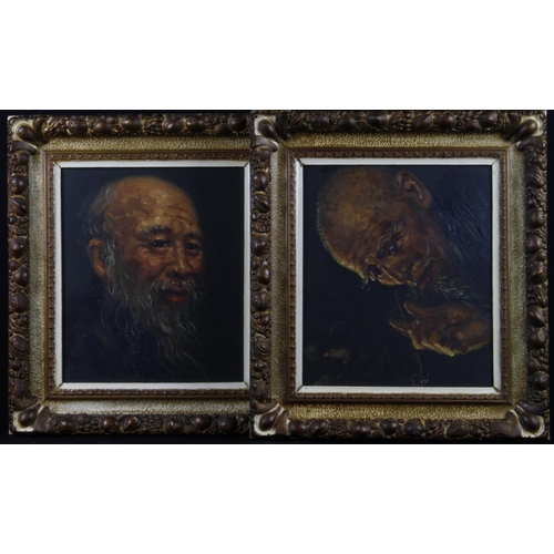 876 - Pair of Oil on canvas portraits of old Chinese/Oriental gentleman, one of which is smoking a long pi... 