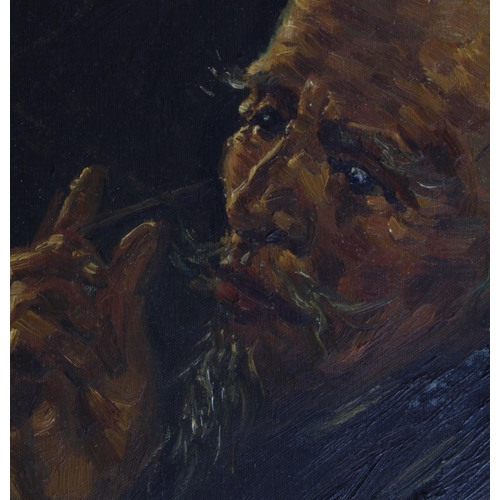 876 - Pair of Oil on canvas portraits of old Chinese/Oriental gentleman, one of which is smoking a long pi... 