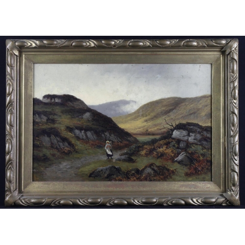 877 - Spinks, Thomas (British 1847 - 1927) Oil on canvas depicting a peasant girl walking along a mountain... 