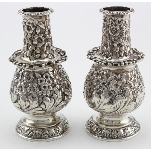 889 - Tiffany & Co. highly decorated pair of silver flower/spill vases, prob. Late Victorian, both marked ... 