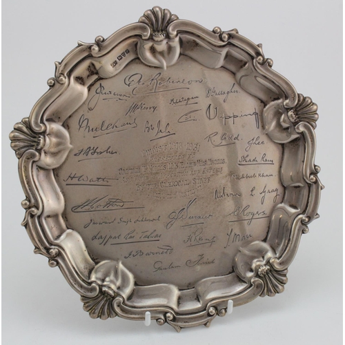 903 - Silver tray presented to Captain W. Morris, hallmarked 'Chester 1915', diameter 20cm approx., weight... 